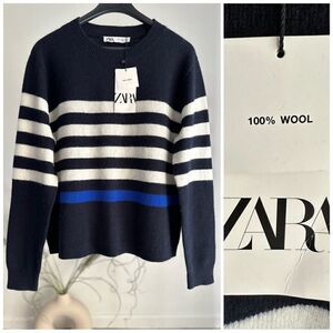 Zara Navy Striped 100% Wool Sweater New